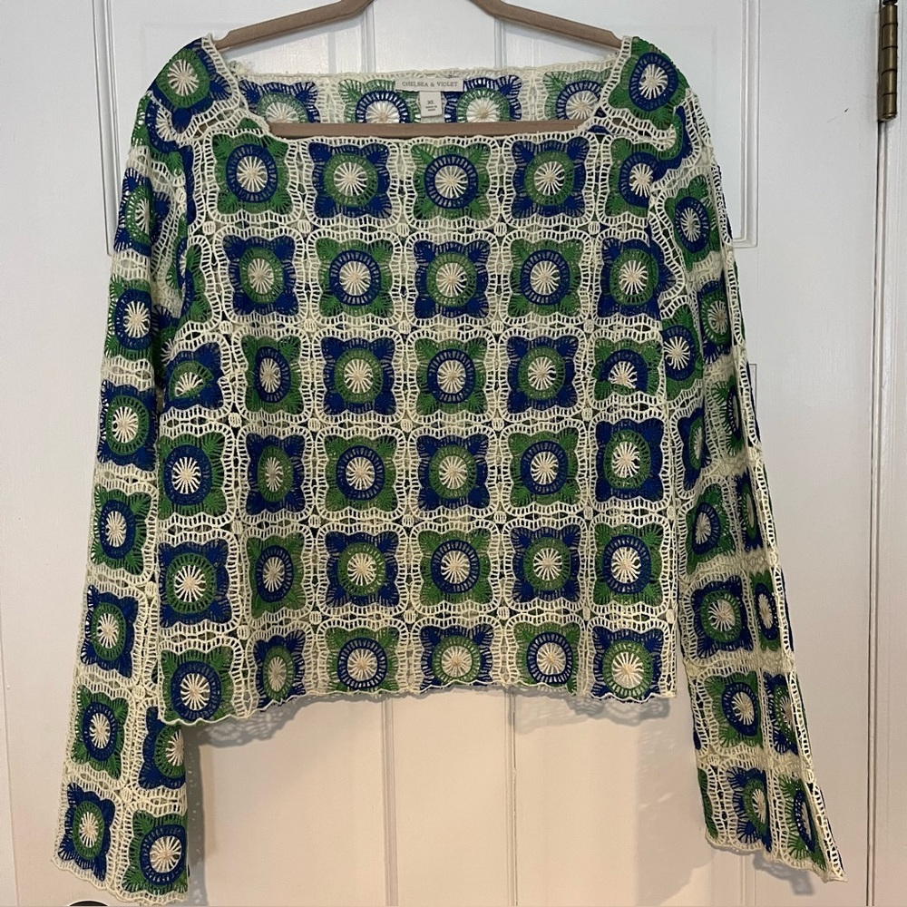 Chelsea & Violet Granny Square Crochet Lace Boatneck Long Sleeve Top Size XL